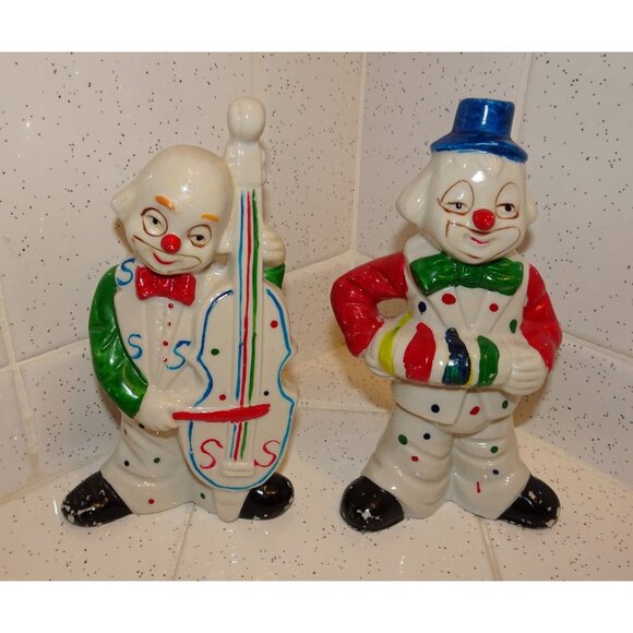 Vintage Two Ceramic Clowns Playing Instruments cute clown retro collectable - Picture 1 of 10